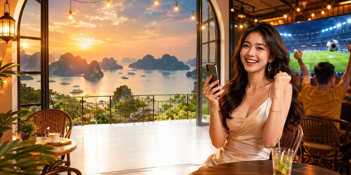 Người chơi game bài bên vịnh Hạ Long với ly cà phê
