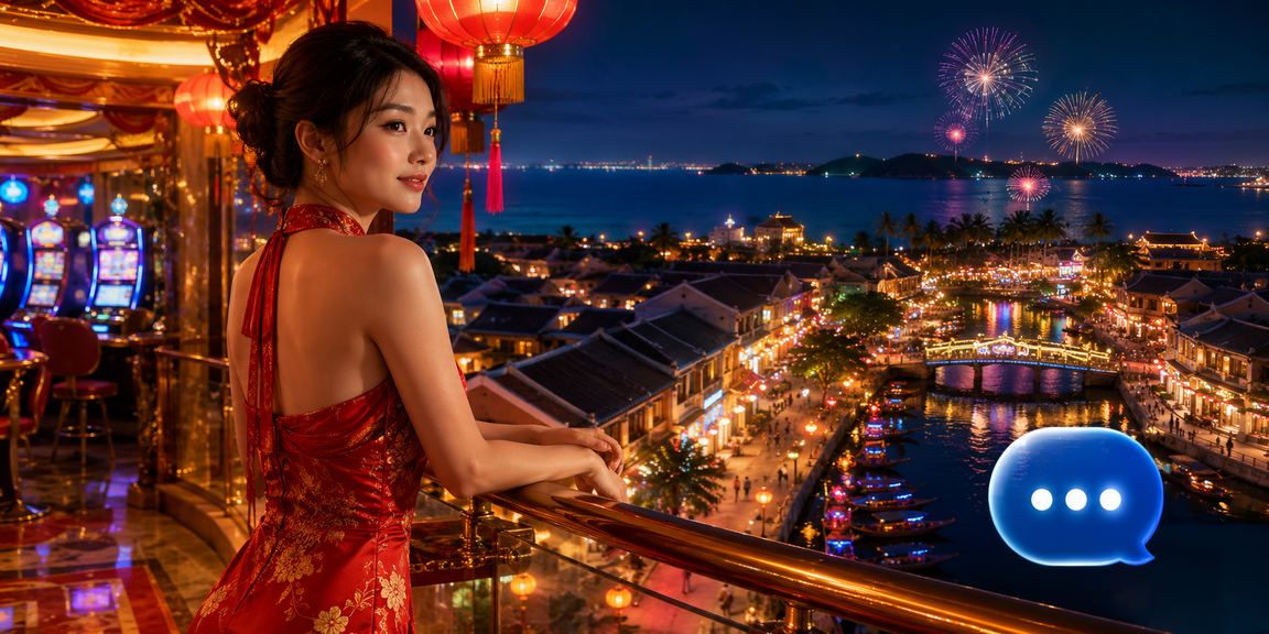 Người dùng thực hiện giao dịch tài chính tại Hội An dưới ánh đèn lồng